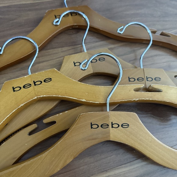 Lot of 10 Vintage Wooden BEBE Clothing Classic Clothes Hangers w/ Rubber Grips